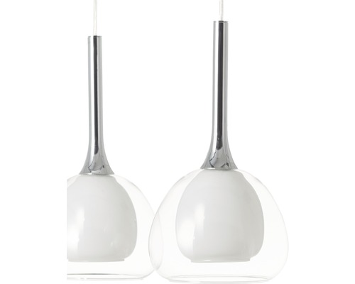 Zwei Pendelleuchten mit Glasschirm und Metallelement