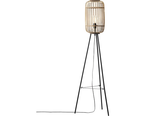 Lampadaire avec abat-jour en bambou et pieds de trépied