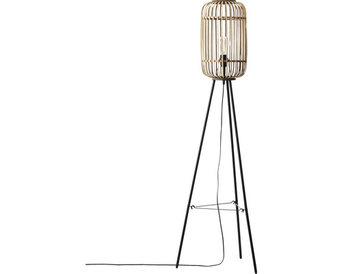 Lampadaire avec abat-jour en bambou et trépied noir