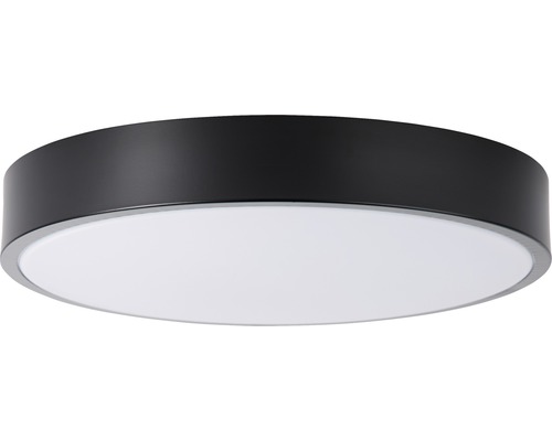 Plafonnier rond avec cadre sombre et diffuseur clair.