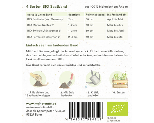 Ruban de semences bio avec quatre variétés de légumes et des instructions de culture