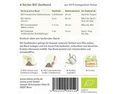 Ruban de graines biologiques avec quatre variétés de légumes différents et instructions