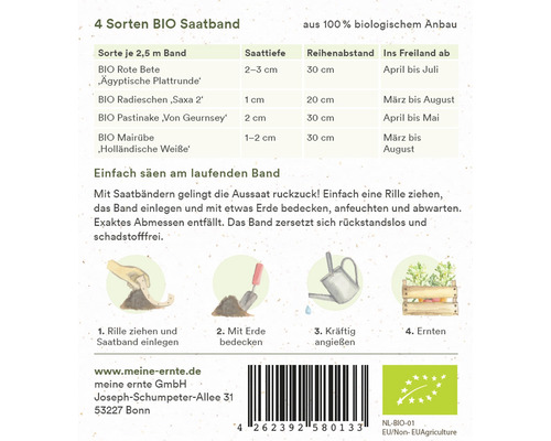 Bio Saatband mit vier Gemüsesorten und Anweisungen zur Aussaat