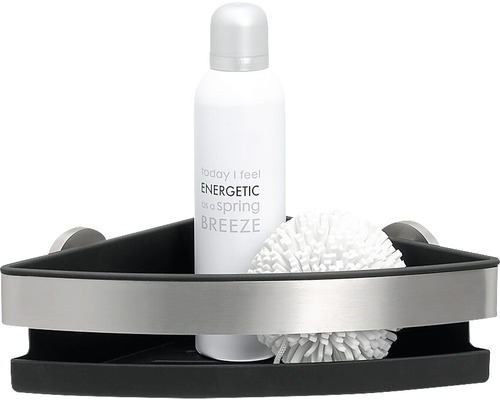 Eckregal mit Shampooflasche und Badeschwamm