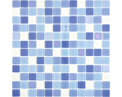 Glasmosaik Quadrat Crystal Mix blau light blue fluoreszierend Mosaikfliese mit quadratischen Elementen in verschiedenen Blautönen und Weiß