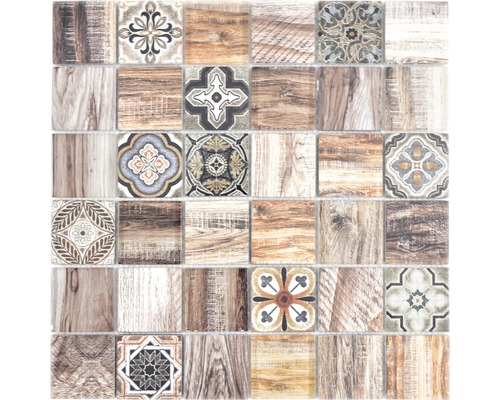 Mosaïque en verre Quadrat Crystal mélange de marron Motif de carreaux carrés avec décor en bois et motifs floraux