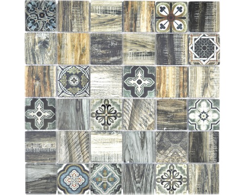 Mosaïque en verre Quadrat Crystal mélange de marron vert Mosaïque avec aspect bois et ornements