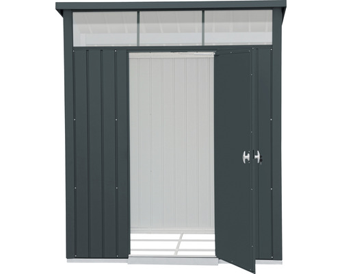 Metall Gerätehaus mit geöffneten Doppeltüren