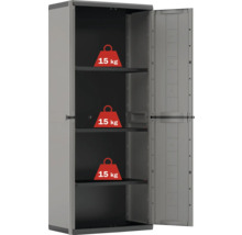 Armoire à outils grise avec trois étagères et une capacité de charge maximale de 15 kilogrammes par étagère