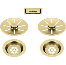 Blanco Logo zusammen mit zwei Siebkörben und zwei Ablaufsieben für Spüle