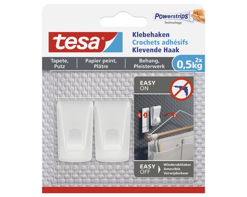 Tesa Klebehaken für Tapete und Putz, 2 Stück, Tragkraft 0,5 kg