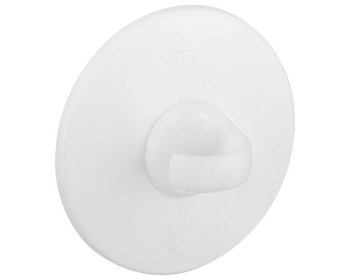 Un interrupteur rond blanc avec les inscriptions Marche et Arrêt.