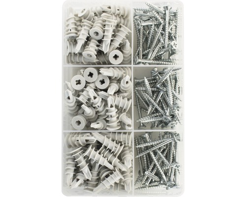 Kit de chevilles en plastique et de vis dans une boîte de rangement