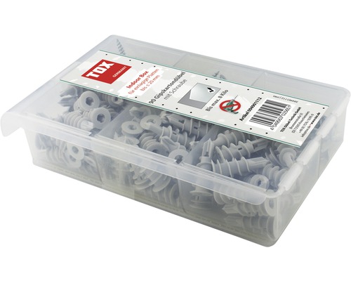 Boîte intérieure TOX avec 90 chevilles pour plaques de plâtre et vis dans une boîte en plastique transparente pour plaques simples jusqu''à 20 millimètres