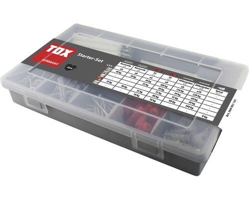 Assortiment de démarrage TOX avec différentes chevilles et vis dans une boîte de rangement