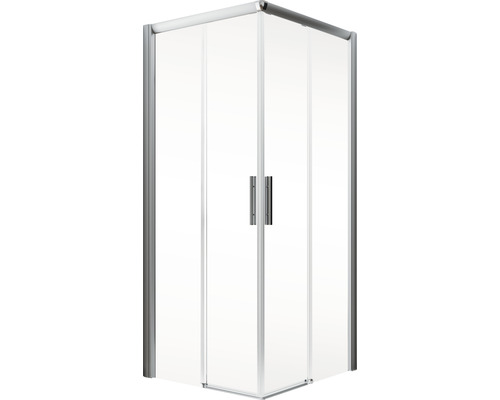 Eckdusche mit klaren Glastüren und silberfarbenem Rahmen
