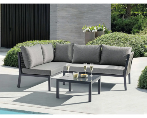 Salon de jardin pour balcon Destiny 4 places avec 2 canapés, table aluminium anthracite gris