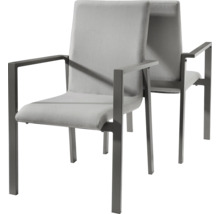 Deux fauteuils gris avec revêtement en tissu et cadre en métal