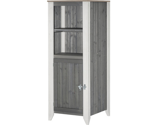 Offener Holzschrank mit Regalen und einer Tür mit Verschluss