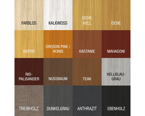 Farbmuster mit Holzfarben: Farblos, Kalkweiss, Eiche Hell, Eiche, Kiefer, Oregon Pine/Honig, Kastanie, Mahagoni, Rio-Palisander, Nussbaum, Teak, Hellblaugrau, Treibholz, Dunkelgrau, Anthrazit, Ebenholz