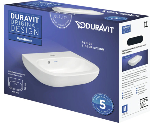Verpackung eines Duravit DuraHome Handwaschbeckens mit den Maßen 450 x 340 mm und fünf Jahren Garantie