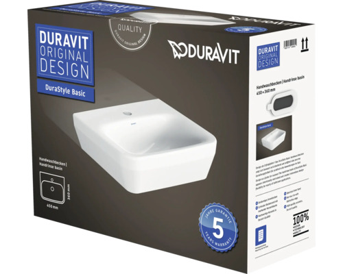 Emballage d''un lave-mains Duravit DuraStyle Basic de 450 x 360 millimètres et garantie de 5 ans