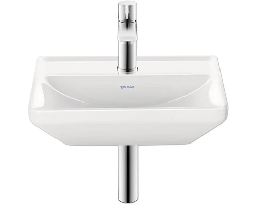 Lavabo Duravit blanc avec robinetterie chromée et siphon
