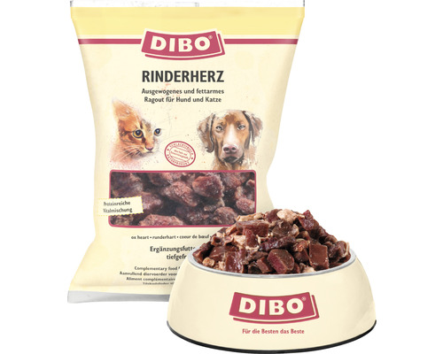 Rohfuttermittel DIBO® Rinderherz 500 g tiefgefroren Dibo Rinderherz Ragout für Hunde und Katzen, Tiefkühlfutter in Schale und Verpackung