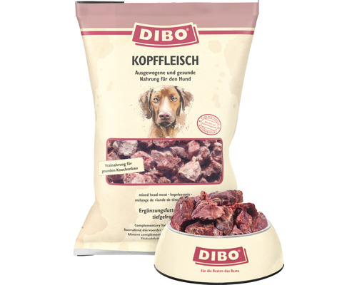 Rohfuttermittel DIBO® Kopffleisch 2 kg tiefgefroren Dibo Hundefutter Kopfleisch tiefgefroren in Verpackung und Schüssel
