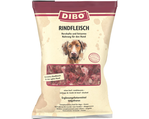 Dibo bœuf, aliment complémentaire surgelé pour chiens dans un emballage