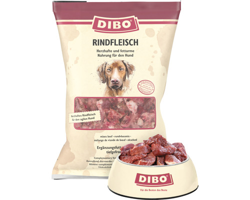 Rohfuttermittel DIBO® Rindfleisch 2 kg tiefgefroren Dibo Rindfleisch Hundefutter im Beutel und in einer Schüssel