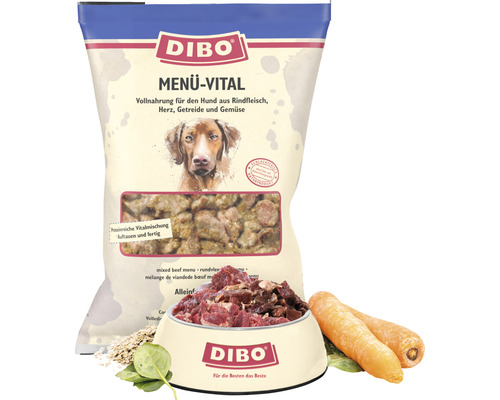 Alleinfuttermittel DIBO® Menü-Vital 2 kg tiefgefroren Dibo Menü-Vital Hundenahrung mit Rindfleisch, Herz, Getreide und Gemüse, serviert in einer Schüssel mit Karotten