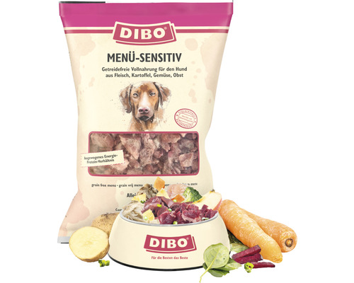 Emballage Dibo Menu Sensitiv nourriture pour chiens avec viande, pommes de terre, légumes et fruits