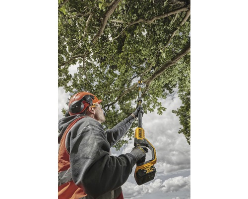 Un homme utilise une tronçonneuse d''élagage sans fil pour tailler des branches.