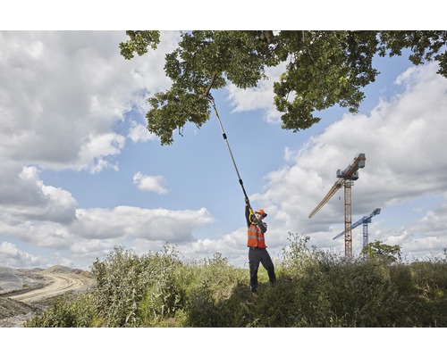 Un homme utilise un ébrancheur télescopique pour tailler des branches