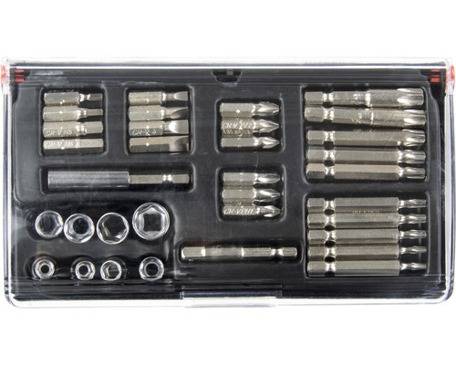 Jeu de douilles avec différents embouts de vissage et douilles dans une boîte de rangement