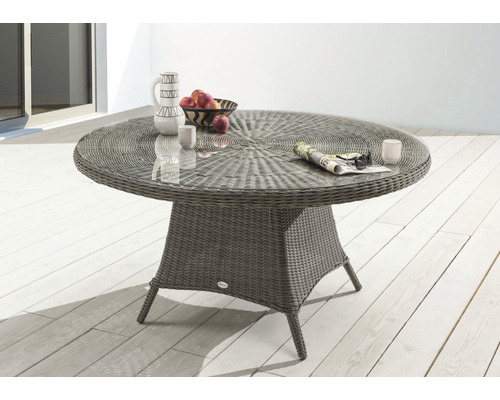 Gartentisch Destiny LUNA Ø120x75cm, mit aufgelegter Glasplatte, vintage grau Runder Gartentisch aus Rattan mit Glasplatte, geeignet für den Aussenbereich