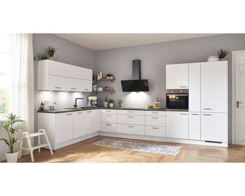 Cuisine en angle nobilia elements Urban 540 cm façade blanche mate, corps blanc variante à droite monté