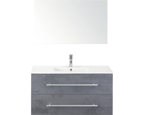 Badmöbel-Set Sanox Stretto BxHxT 101 x 170 x 39 cm Frontfarbe beton anthrazit mit Waschtisch Keramik weiß und Waschtischunterschrank Keramik-Waschtisch Spiegel Waschtisch mit Spiegel, Waschbecken und zwei Schubladen