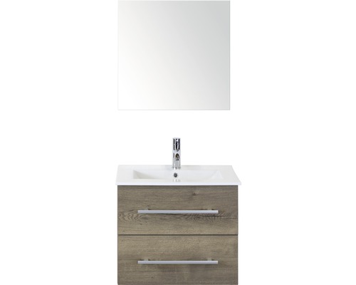 Set de meubles de salle de bains Sanox Stretto lxhxp 61 x 170 x 39 cm couleur de façade tabac avec vasque en céramique blanc et meuble sous vasque vasque en céramique miroir