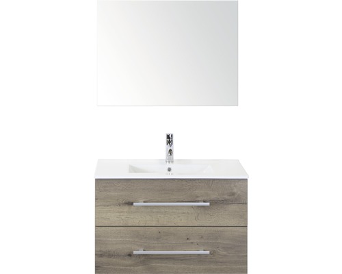 Badmöbel-Set Sanox Stretto BxHxT 81 x 170 x 39 cm Frontfarbe tabacco mit Waschtisch Keramik weiß und Waschtischunterschrank Keramik-Waschtisch Spiegel Waschtischkombination mit Spiegel, Waschbecken, Armatur und zwei Schubladen