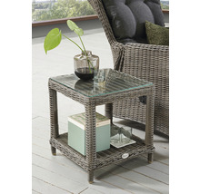 Gartentisch aus Rattan mit Glasplatte und Ablagefläche