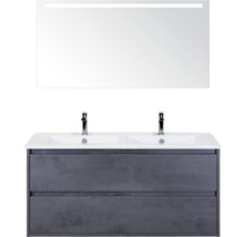 Badmöbelset 3-teilig Doppelbadmöbel Sanox Porto BxHxT 121 x 170 x 51 cm Frontfarbe beton anthrazit mit Waschtisch Keramik weiß und Waschtischunterschrank Keramik-Doppelwaschtisch Spiegel mit LED-Beleuchtung 84730141