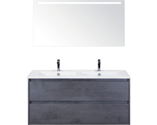 Set de meubles de salle de bains Sanox Porto lxhxp 121 x 170 x 51 cm couleur de façade béton anthracite avec vasque céramique blanc et meuble sous vasque vasque double céramique miroir avec éclairage LED