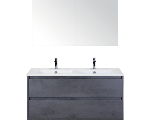 Badmöbelset 3-teilig Doppelbadmöbel Sanox Porto BxHxT 121 x 170 x 51 cm Frontfarbe beton anthrazit mit Waschtisch Keramik weiß 84730241 Waschtisch mit zwei Waschbecken, zwei Schubladen und Spiegelschrank