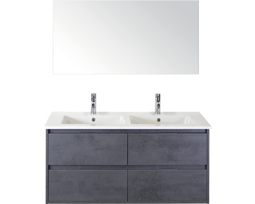 Set de meubles de salle de bains Sanox Porto lxhxp 121 x 170 x 51 cm couleur de façade béton anthracite avec vasque céramique blanc et meuble sous vasque vasque double céramique miroir