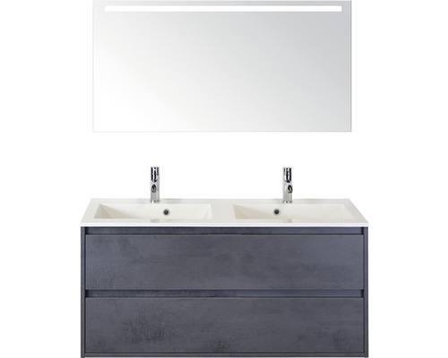 Set de meubles de salle de bains Sanox Porto lxhxp 121 x 170 x 51 cm couleur de façade béton anthracite avec vasque en fonte minérale blanc et vasque double en fonte minérale meuble sous vasque armoire de toilette avec éclairage LED