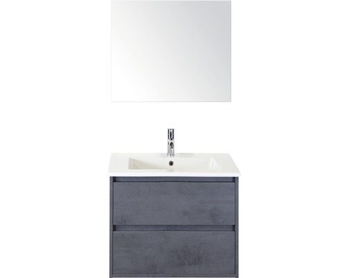 Badmöbel-Set Sanox Porto BxHxT 71 x 170 x 51 cm Frontfarbe beton anthrazit mit Waschtisch Keramik weiß und Waschtischunterschrank Waschtisch Spiegel