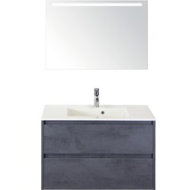 Badmöbel-Set Sanox Porto BxHxT 91 x 170 x 51 cm Frontfarbe beton anthrazit mit Waschtisch Mineralguss weiß und Waschtischunterschrank Waschtisch Spiegel mit LED-Beleuchtung