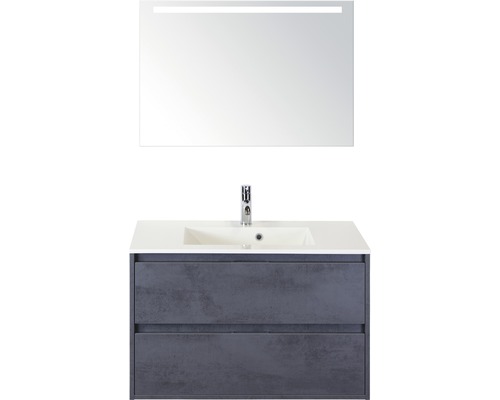 Set de meubles de salle de bains Sanox Porto lxhxp 91 x 170 x 51 cm couleur de façade béton anthracite avec vasque en fonte minérale blanc et meuble sous vasque vasque miroir avec éclairage LED